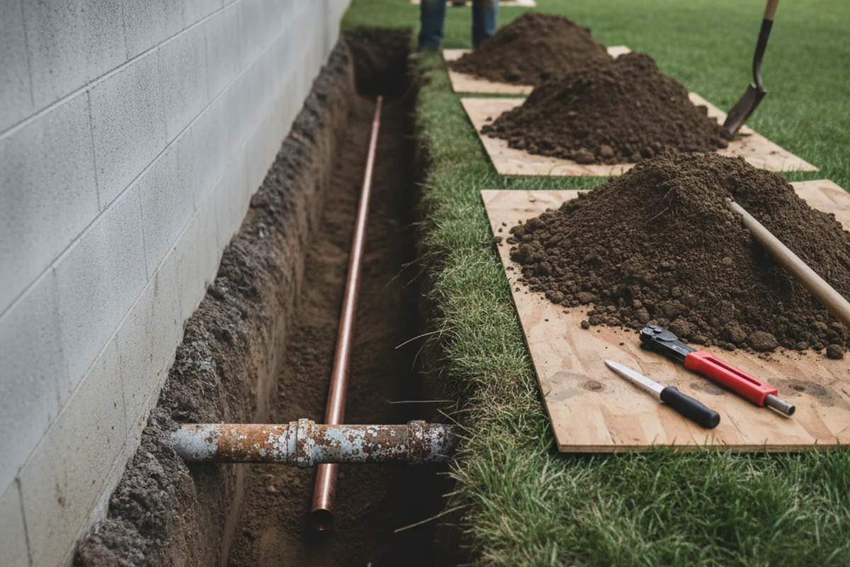 Excavated water line trench during Water Softener Installation in Moosup